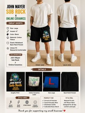 John Mayer Sob Rock x Online Ceramics Black Sweat Shorts Large 6” Inseam